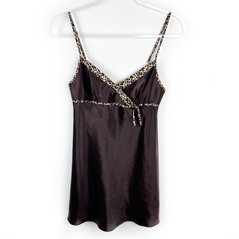 Morgan Taylor Black Satin Chemise with Leopard Trim